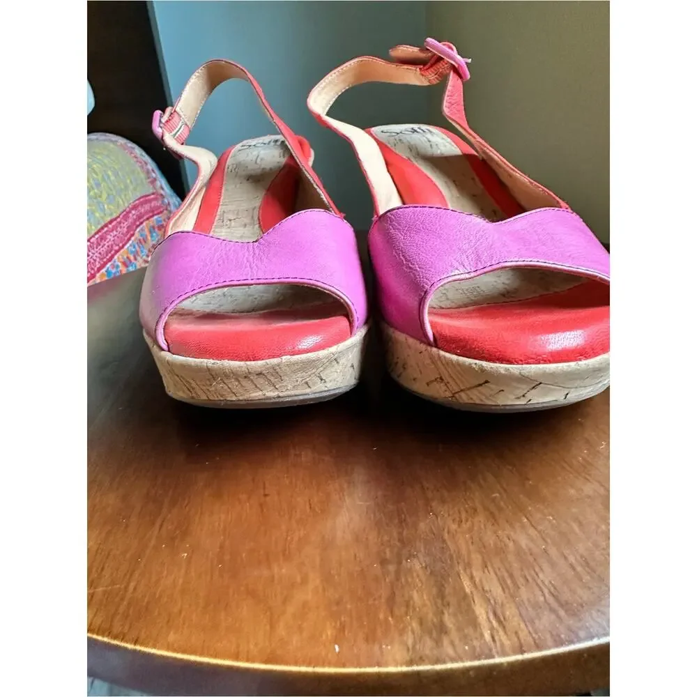 Sofft Ordelia Leather Cork Wedge Sandals Peep Toe Pink Orange Size 8M